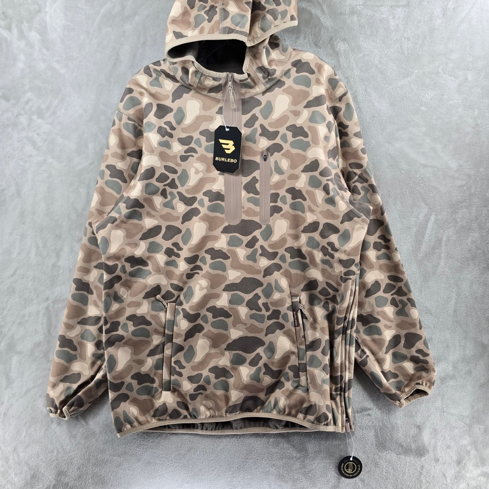 Burlebo Duke Tech Hoodie Mens Medium Brown Camo DWR Water Repellent Mid Layer
